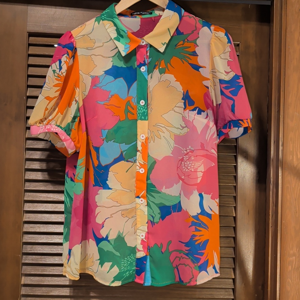 Bright Short Sleeve Button Down Multicolor Floral Blouse